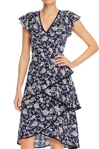 Adrianna Papell  Dress Ditsy Navy Ivory Petunia Tiered Cap Sleeve Dress Size 4