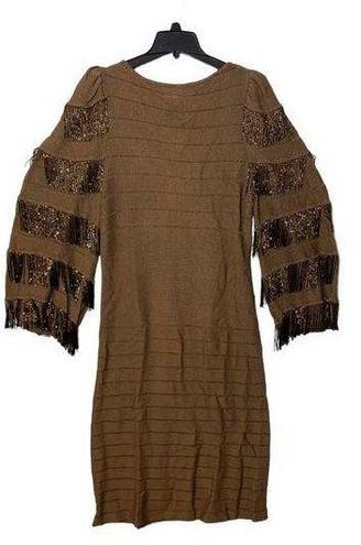 St. John St Claire vintage women’s 8 medium knit brown dress beaded fringe puff 