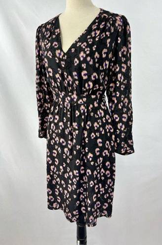 Rebecca Taylor  Dress Black Animal Print 6 Long Sleeve Sheer Knee Length V-neck