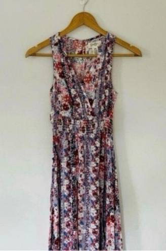 Jessica Simpson Floral Blue Pink Maxi Dress Asymmetric Hem Ruched Waist Sleeveless