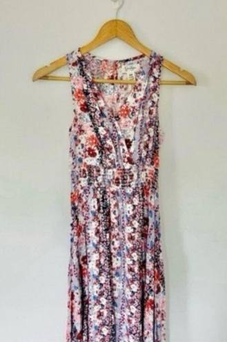 Jessica Simpson Floral Blue Pink Maxi Dress Asymmetric Hem Ruched Waist Sleeveless