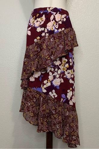 Mossimo Burgundy Floral Ruffle Midi Skirt Size M