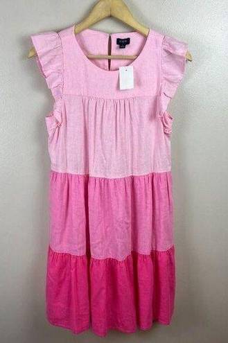 J.Crew  Linen Blend Ruffle Tiered Dress Size 4 Pink Colorblock Ombre Barbie