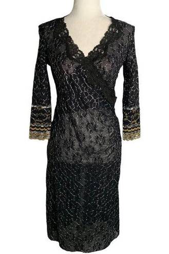 Betsey Johnson Vintage 90s  Sheer Lace Midi Dress L Black Silver Metallic Wrap