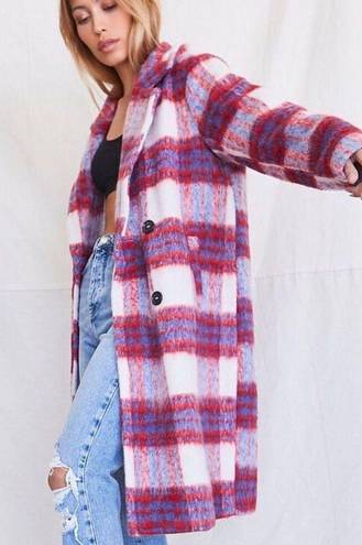 Forever 21 Red White Blue Plaid Double-Breasted Coat Jacket