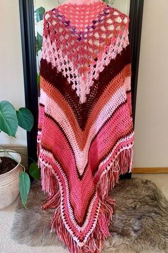 Pink Full Length Crochet Wrap/Shawl With Fringe Size undefined