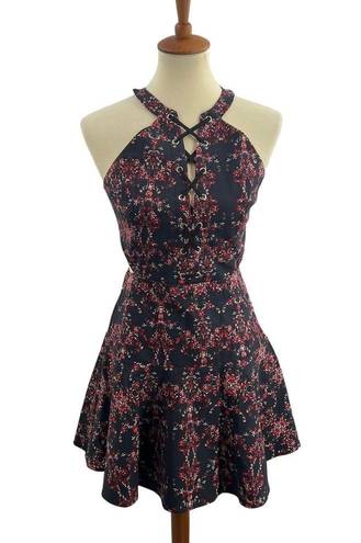 Parker  Black with Red Floral Fit and Flare Rayan Dress Size Small New