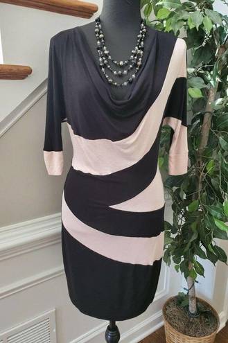 Rhapsody  Women Beige& Black Rayon Cowl Neck Long Sleeve Knee Length Dress Size M