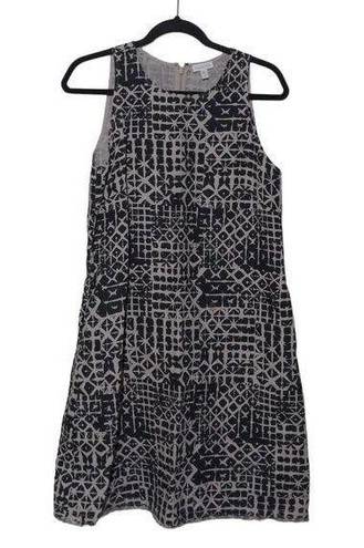 Garnet Hill  Linen Fringe Hem A-Line Dress Black Beige Geometric Jewel Neck 6