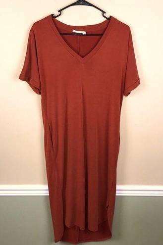 Lush Clothing Lush Women’s Oversized Burnt Orange Long Hi-Low Hem V-Neck Shirt Dress