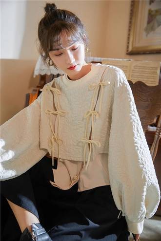 Only Sweatshirt sweater crop floral cream beige bow tie lace up lantern sleeve slit