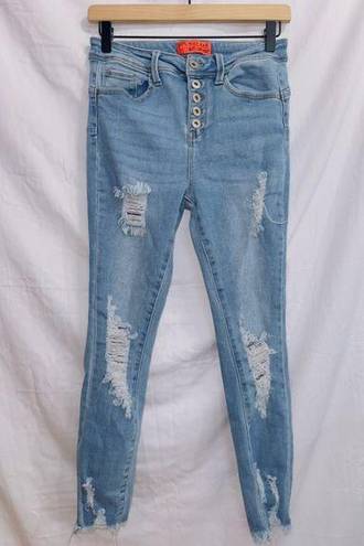 Wax Jean  Light Wash Denim High Rise Button Front Distressed Skinny Jean 5/27