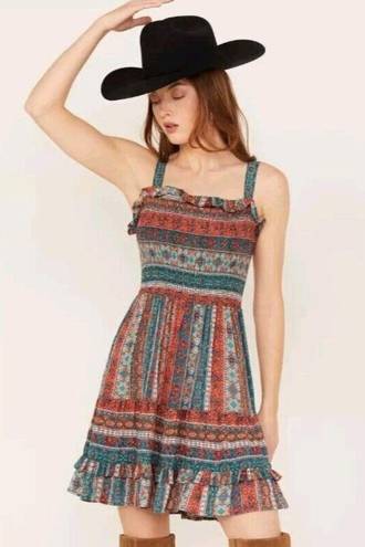 Angie  Womens Size Small Border Print Multi Tier Multi Color Lace Up Back Dress