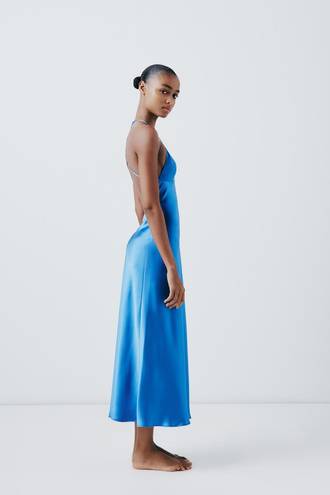 ZARA Dress Cobalt Blue Slip Midi Satin Effect Maxi Wedding Party