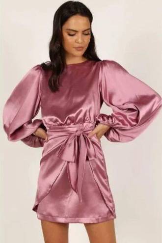 Petal and Pup  Opal Mauve Purple Satin Long Balloon Sleeve Wrap Mini Dress 10