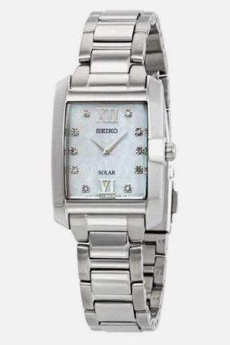 Seiko New!  Women's Solar Dress Watch #SUP377 Silver Diamond & Mother of Pearl