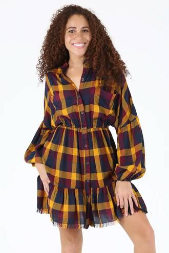 Angie NEW! Boho Preppy Plaid Mini Dress Fringe Bottom Long Sleeve