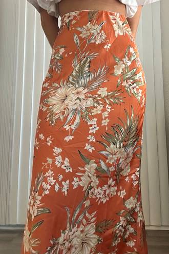 Impressions Satin Orange Floral Print Midi Skirt