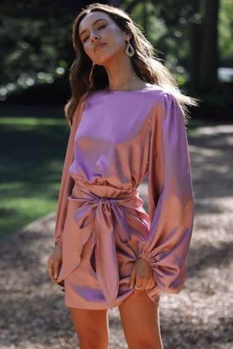 Petal and Pup  Opal Mauve Purple Satin Long Balloon Sleeve Wrap Mini Dress 16