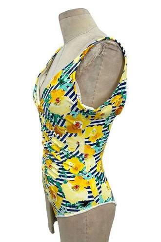 Skye Swimwear SKYE Primavera Yellow Floral Blue & White Striped One Piece Monokini Size Large