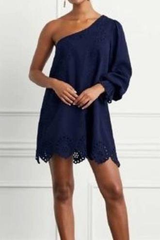 Hill House  The Amika Dress one shoulder linen eyelet navy blue size L NWT