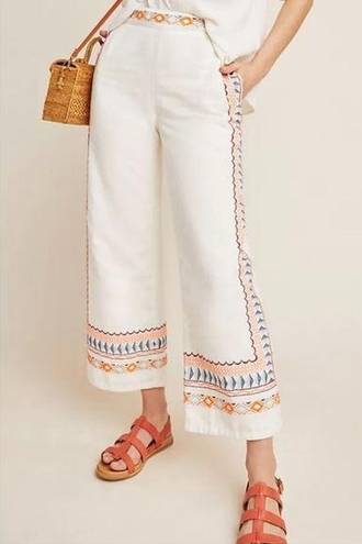 Anthropologie  Wide Leg Boho Embroidered Linen Pants with Pockets White 0