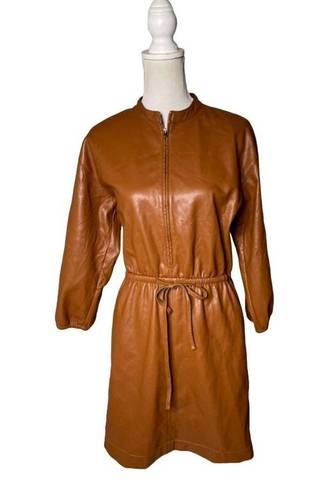 Natori  Vegan Luxe Leather Blouson Dress Brown Womens Size Small