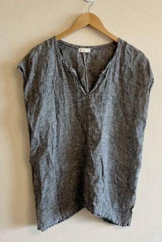 CP Shades  Gray Linen Split Neck Short Sleeve Tunic Blouse L