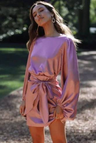 Petal and Pup  Opal Mauve Purple Satin Long Balloon Sleeve Wrap Mini Dress 10