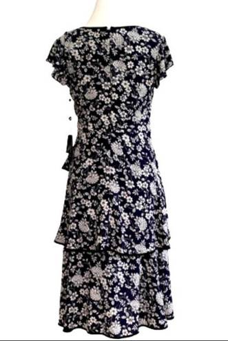 Adrianna Papell  Dress Ditsy Navy Ivory Petunia Tiered Cap Sleeve Dress Size 4