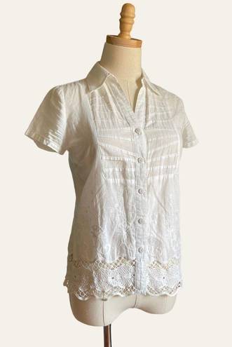 August Silk Y2K White Cotton Crochet Coquette Button Down Short Sleeve Top