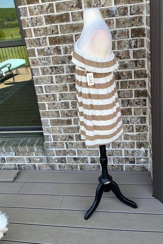 Xxi Off Shoulder Mini Dress Taupe Beige Stripe Knit Coverup Womens Small