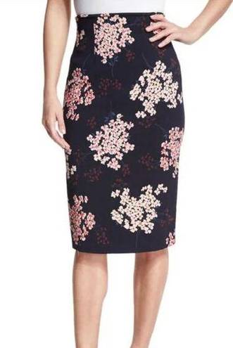 Rebecca Taylor  Phlox Floral Pencil Skirt Slit Linen Career Viscose Navy Blue 4