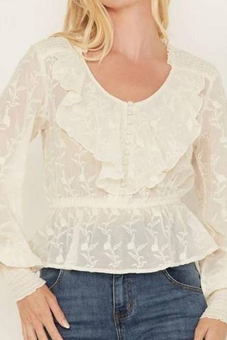 Shyanne  Women's Floral Embroidered Chiffon Ruffle Blouse Off White Sz XL