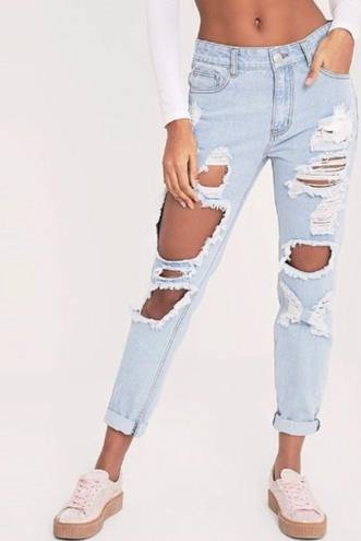 Pretty Little Thing  Kendall Light Wash Super Distressed Mom Jeans