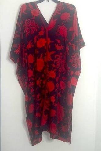 Natori red and black kimono V-neck floral caftan dress lagan look casual