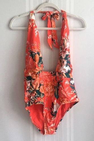 Modcloth  The Bethany One-Piece Floral Swimsuit Large Halter Tropical High Waist