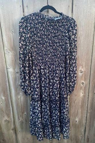 Petal and Pup  Edwina Shirred Frill Long Sleeve Midi Dress - NAVY FLORAL Size 4