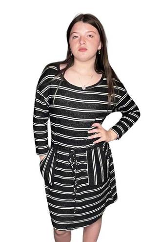 Moa Moa  SWEATER DRESS Womens SM Black White Striped Knit Pockets Tie Waist Belt