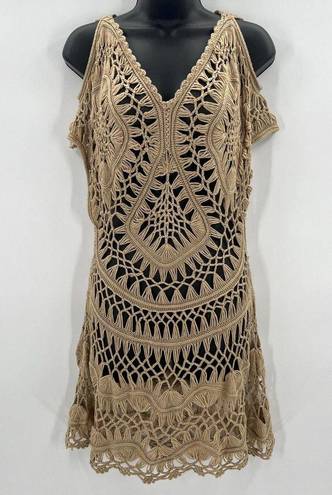 PilyQ  Crochet Cover Up Dress Brown Cold Shoulder Cover-Up Women's Size XS/S