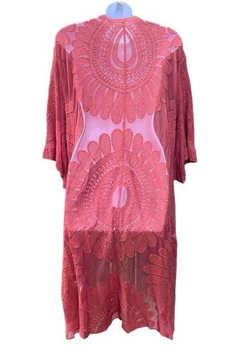 Style Apparel Rust lace/ sheer kimono duster Red