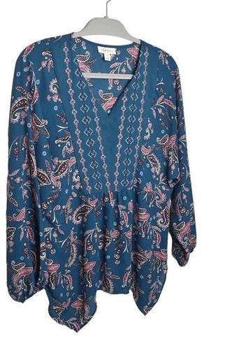 Style & Co  Womens Blue Long Sleeve Paisley Print Peasant Oversized Blouse Small