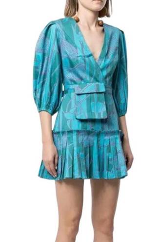 Alexis Sakura Blue Green Tropical Pleated Puff Sleeve Mini Dress sz XS $495