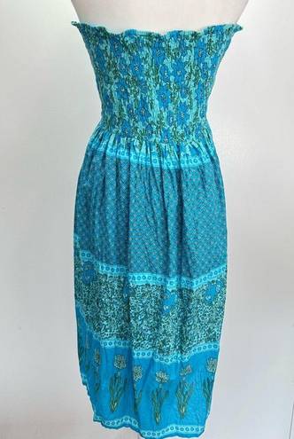 Funky People Turquoise Boho Mixed Floral Smocked Strapless Midi Sundress Large