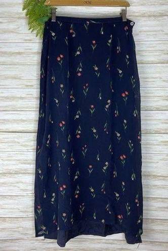 Vintage Myclothes Navy Tulip Floral Print Silk Maxi Skirt Size 12