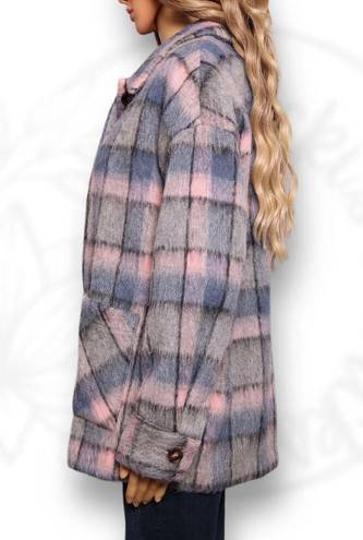 Cyrus  Faux Fur Fuzzy Plaid Button Front Jacket Shacket Pink Gray & Blue Size S