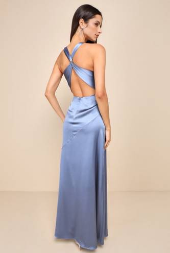 Lulus Pure Elegant Slate Blue Satin Twist Back Maxi Dress