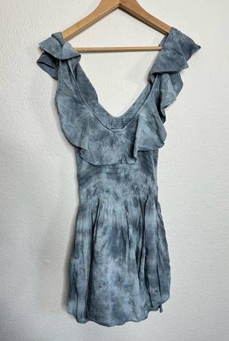 Blue Life  Luna Tie Dye Smocked Ruffle Shorts Romper Dress in Sage Gray Blue XS