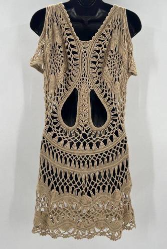 PilyQ  Crochet Cover Up Dress Brown Cold Shoulder Cover-Up Women's Size XS/S