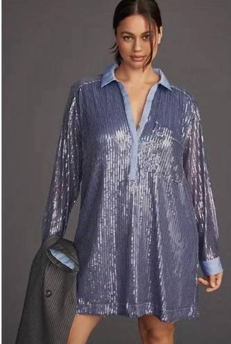 Pilcro  Long-Sleeve Sequin Mini Shirt Blue Dress. | Small